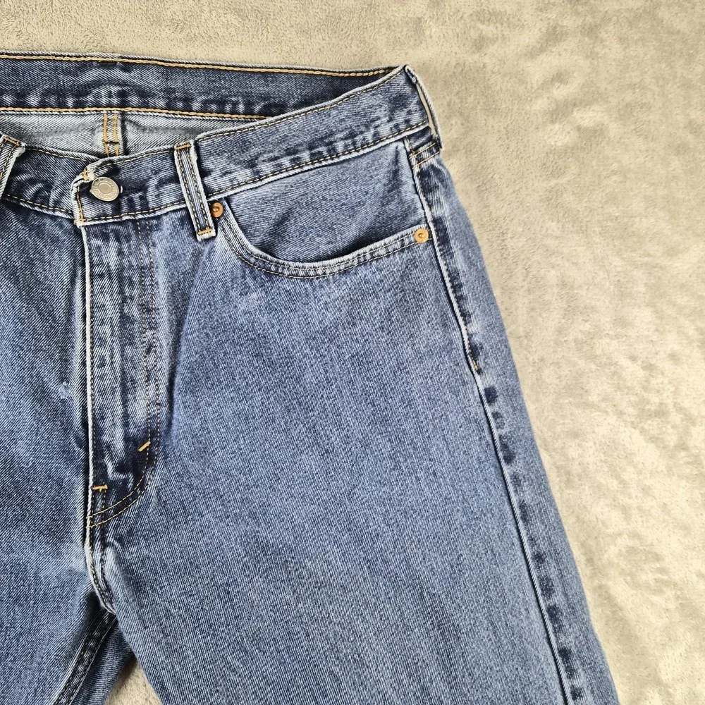 Levis 505 Jeans Mens 36x34 (fits 34x26 )Blue Denim Regular Fit Raw Hem Cut Off